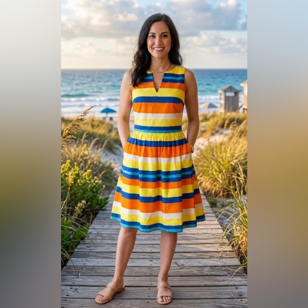 Pim + Larkin Striped V-Notch Sleeveless Dress in Yellow, Orange, Blue- sm